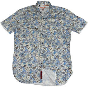 Visconti Black Mens Button Down Short Sleeve Shirt Retro Blue Floral Small